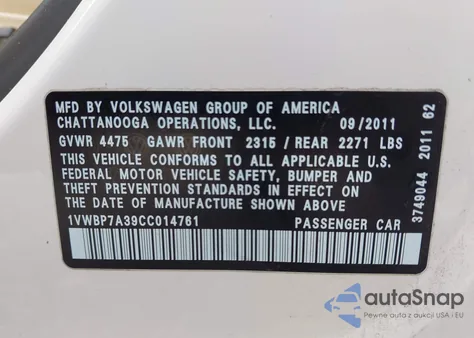 2012 Volkswagen Passat 2.5L Se z USA, uszkodzony, nr VIN 1VWBP7A39CC014761